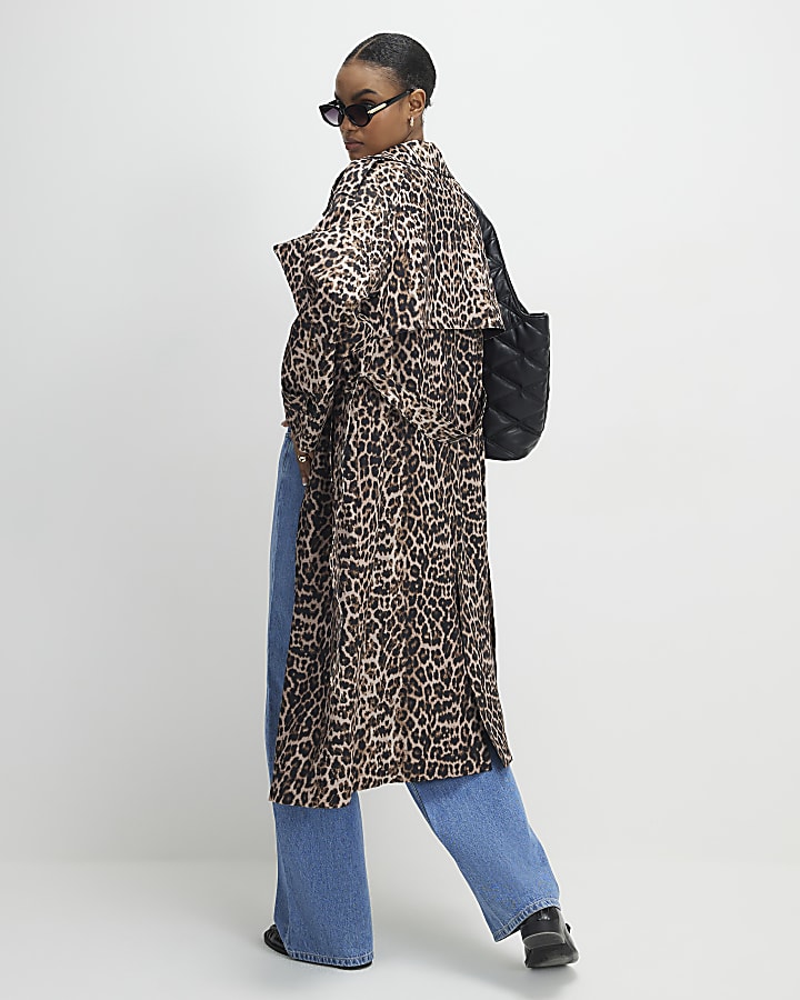 Brown Waterfall Leopard Long Duster Coat