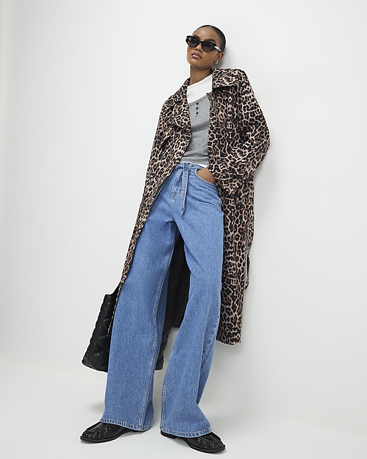 Brown Waterfall Leopard Long Duster Coat