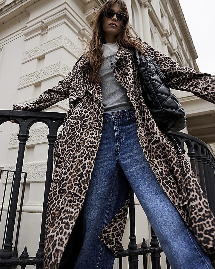 Brown Waterfall Leopard Long Duster Coat