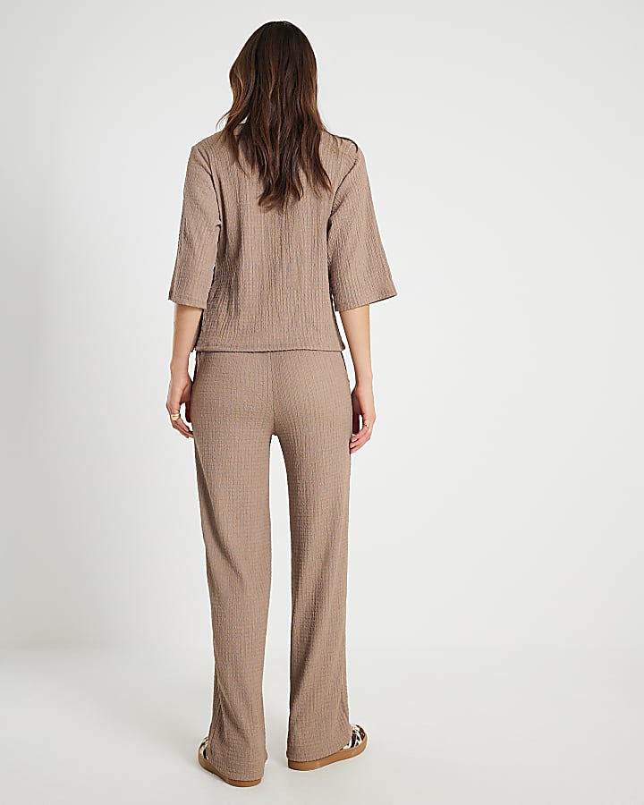 Beige Textured Wide Leg Trousers
