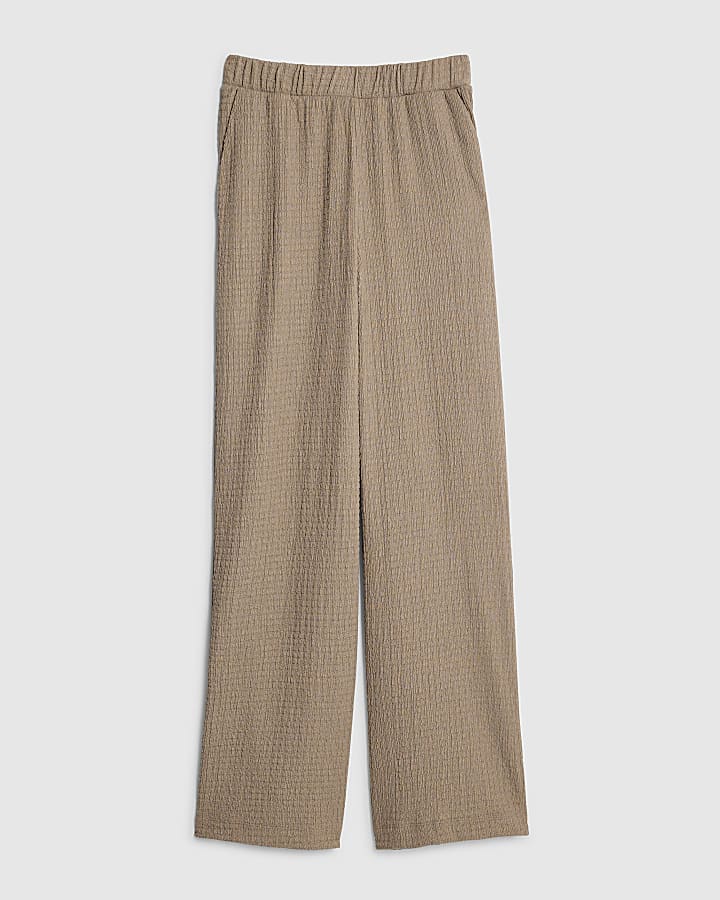 Beige Textured Wide Leg Trousers