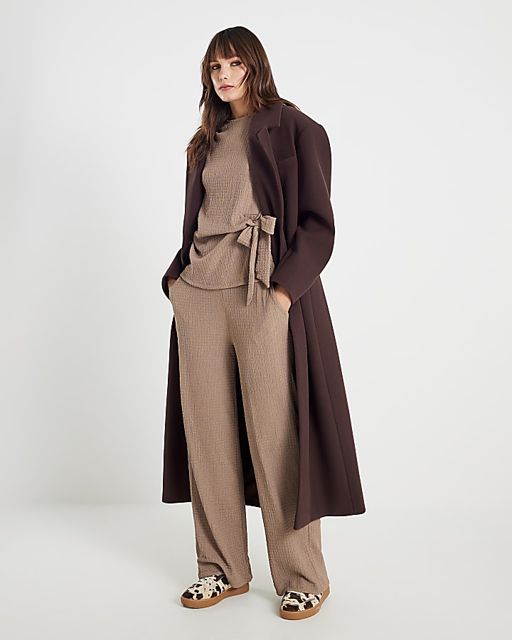 Beige Textured Wide Leg Trousers