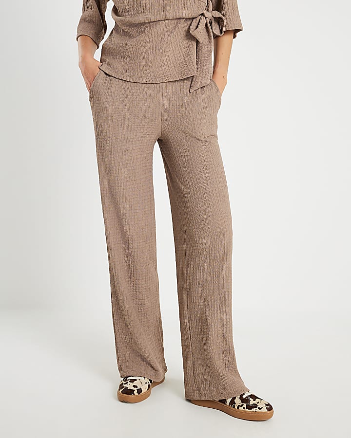 Beige Textured Wide Leg Trousers