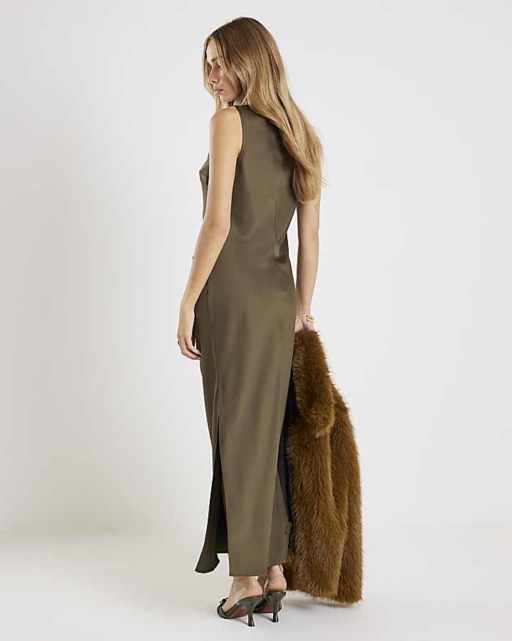 Khaki Slash Neck Maxi Dress
