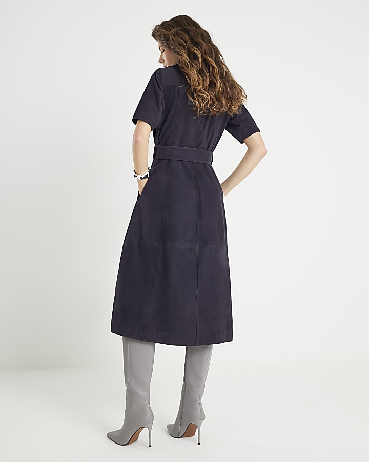 Navy Suede Belted Midi Shirt Dress