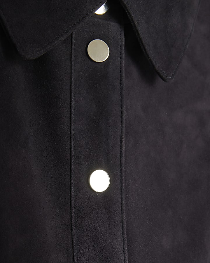 Navy Suede Belted Midi Shirt Dress