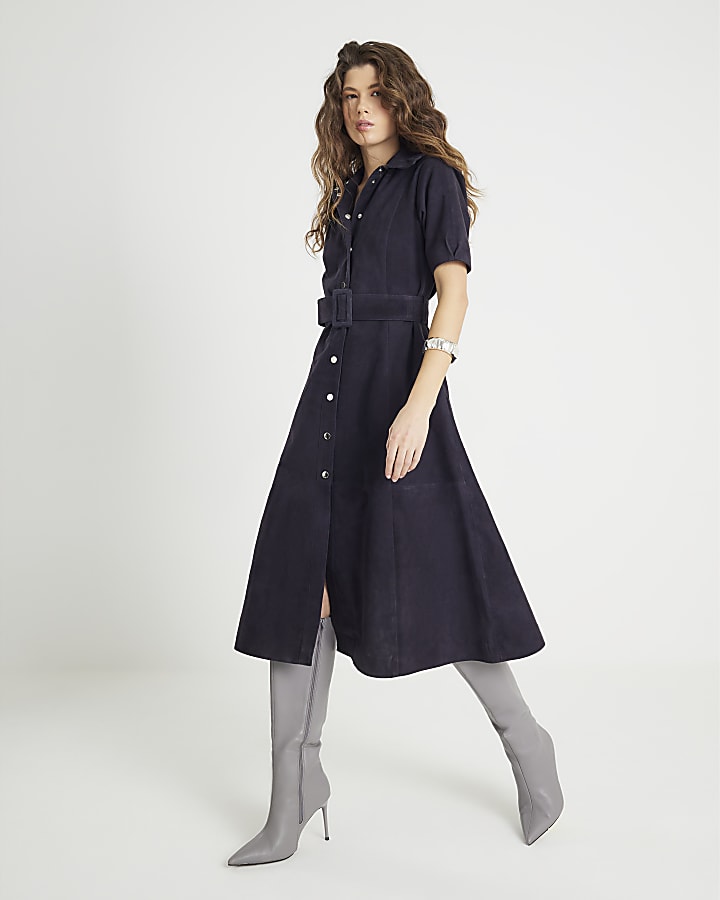 Navy Suede Belted Midi Shirt Dress