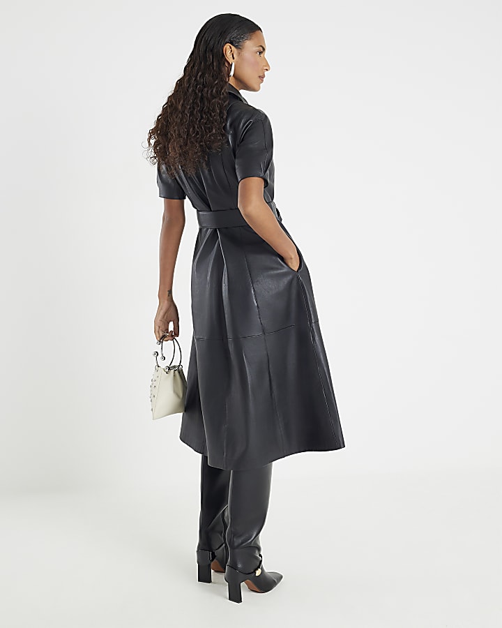 Black Leather Belted Shirt Dress
