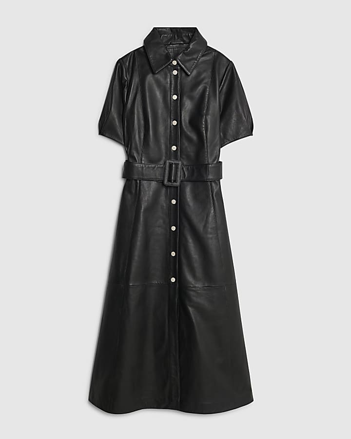 Black Leather Belted Shirt Dress
