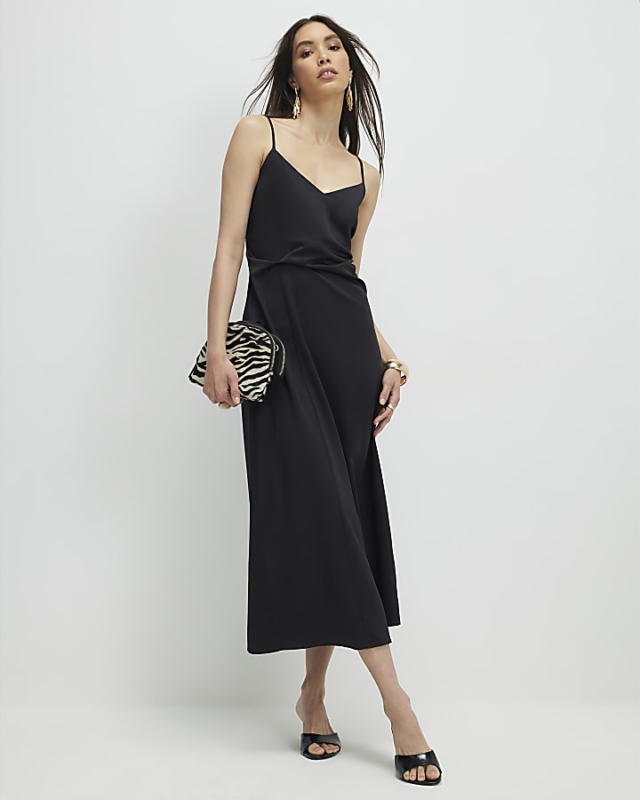 Black Strappy Twist Side Slip Dress