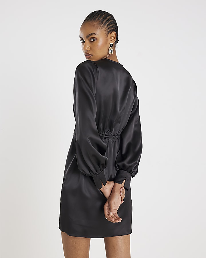 Black Satin Knot Front Mini Dress