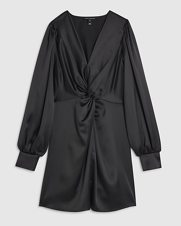 Black Satin Knot Front Mini Dress
