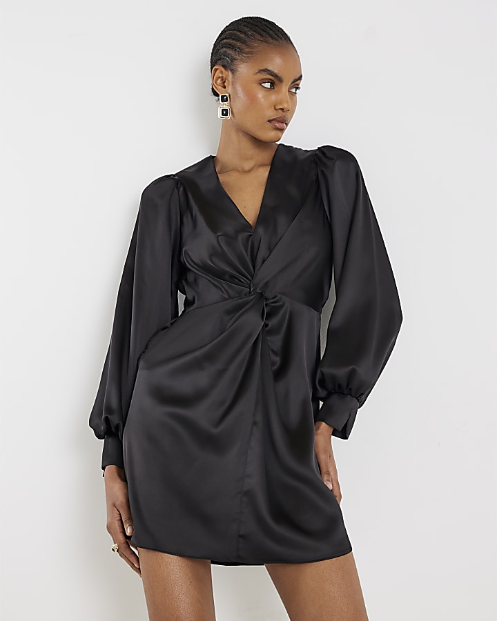 Black Satin Knot Front Mini Dress