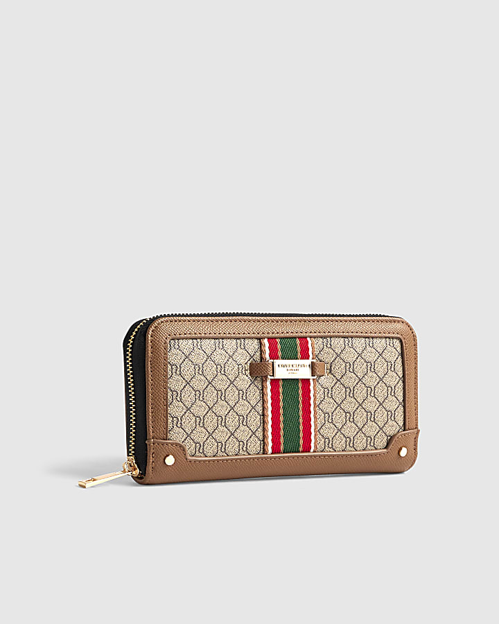 Beige Monogram Webbed Front Zip Around Purse