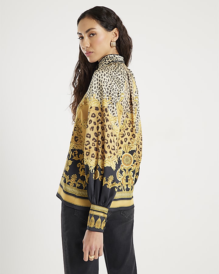 Brown Animal Print Pussybow Blouse