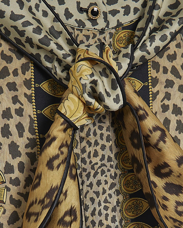 Brown Animal Print Pussybow Blouse