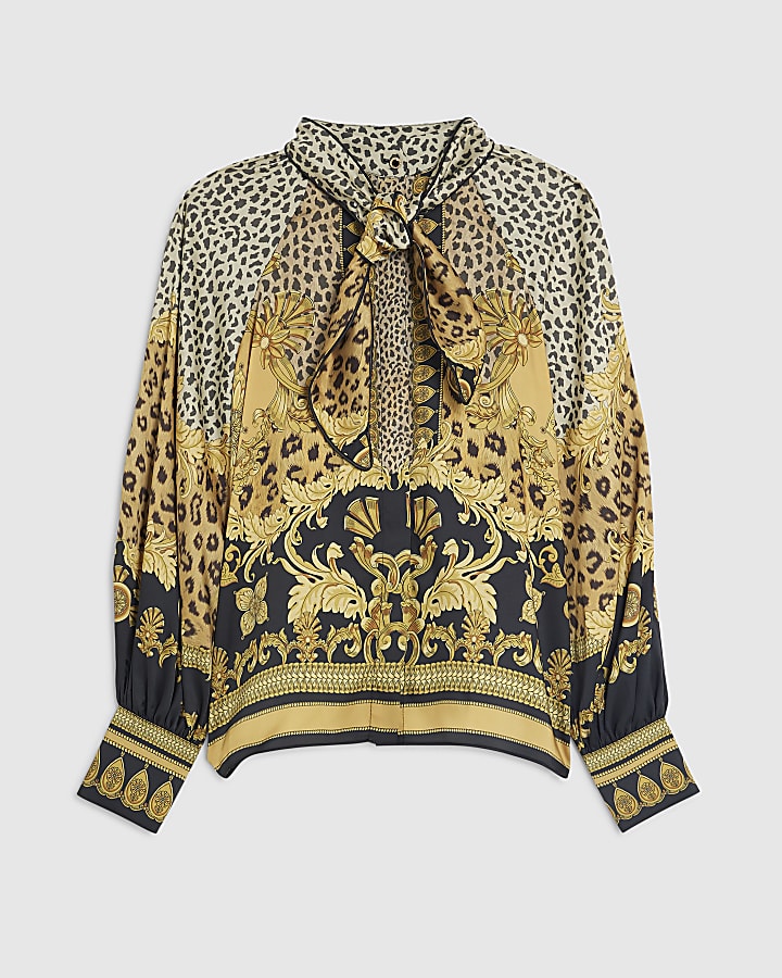 Brown Animal Print Pussybow Blouse