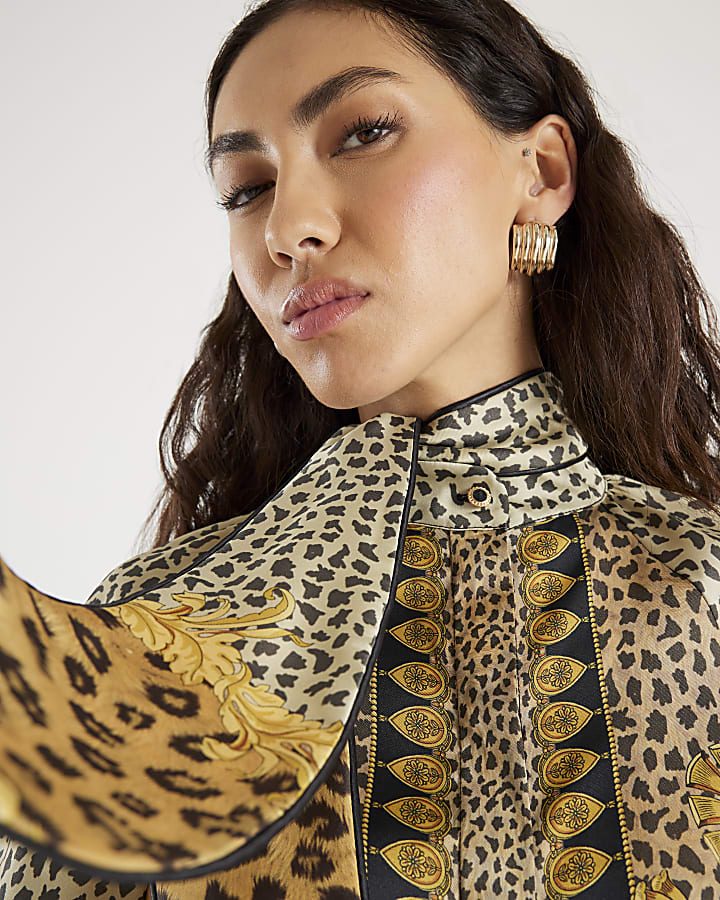 Brown Animal Print Pussybow Blouse