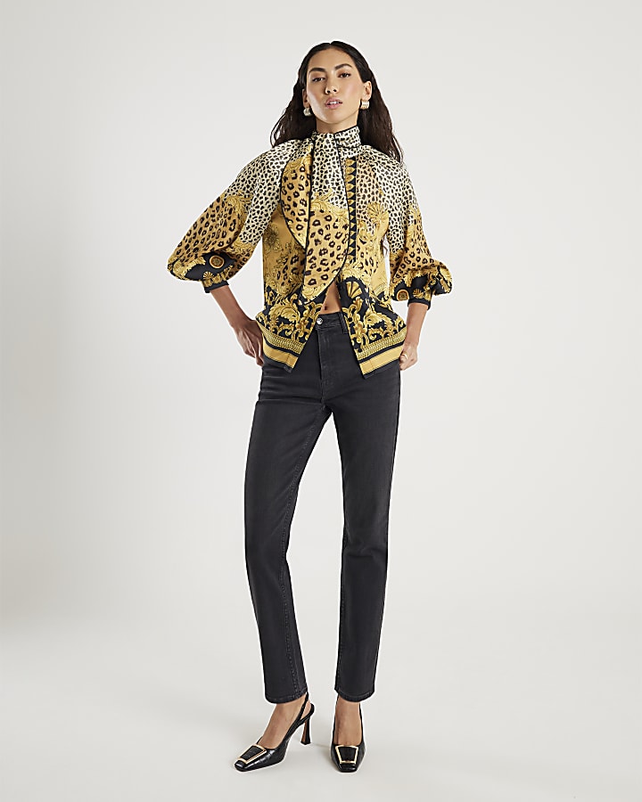 Brown Animal Print Pussybow Blouse