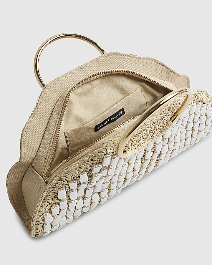 Cream Pearl Raffia Handle Grab Bag