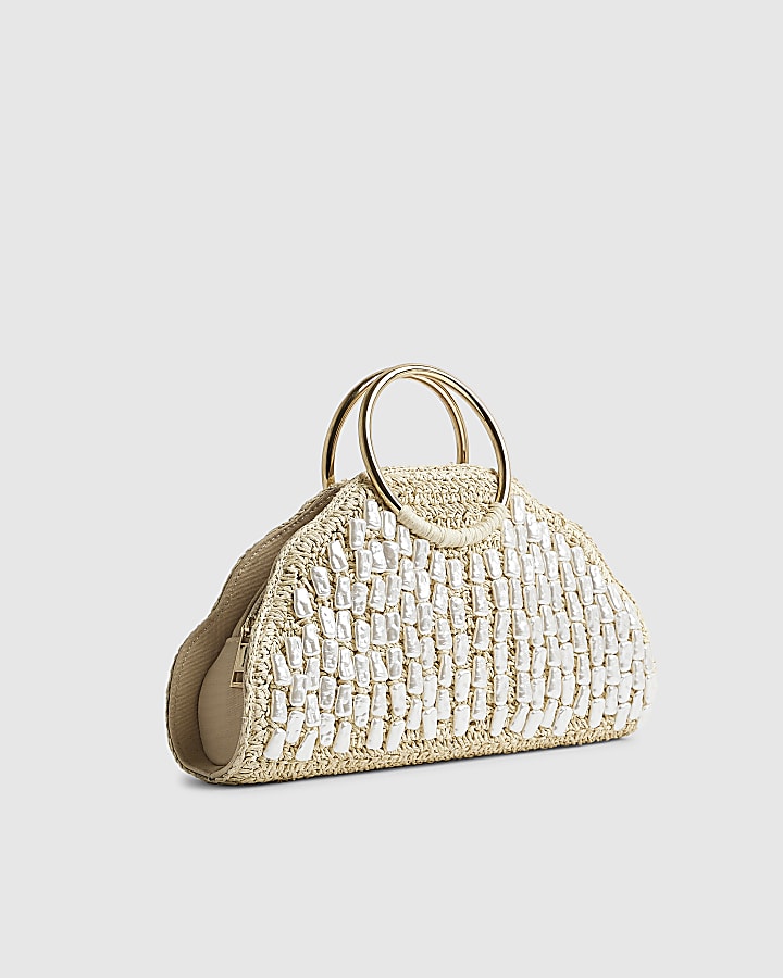 Cream Pearl Raffia Handle Grab Bag