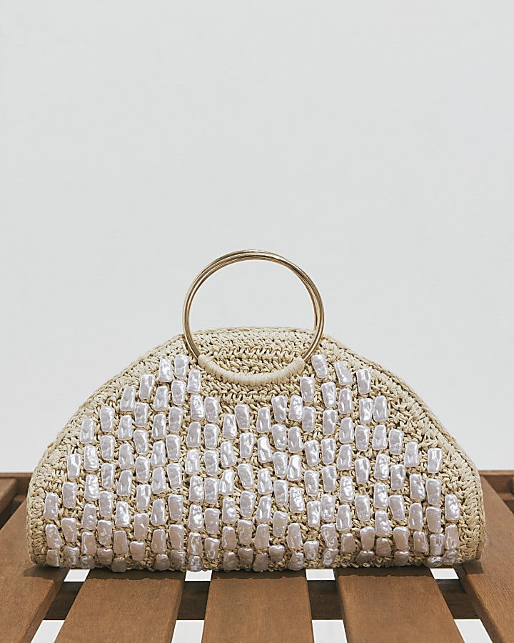 Cream Pearl Raffia Handle Grab Bag