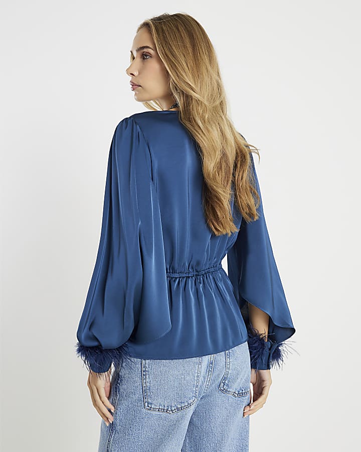 Blue Satin Knot Front Feather Cuff Top