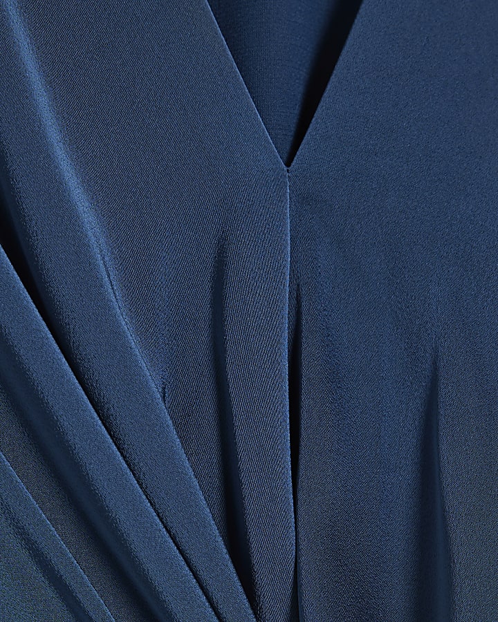 Blue Satin Knot Front Feather Cuff Top