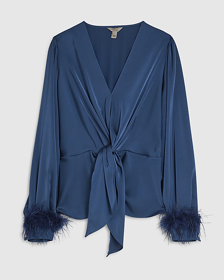 Blue Satin Knot Front Feather Cuff Top