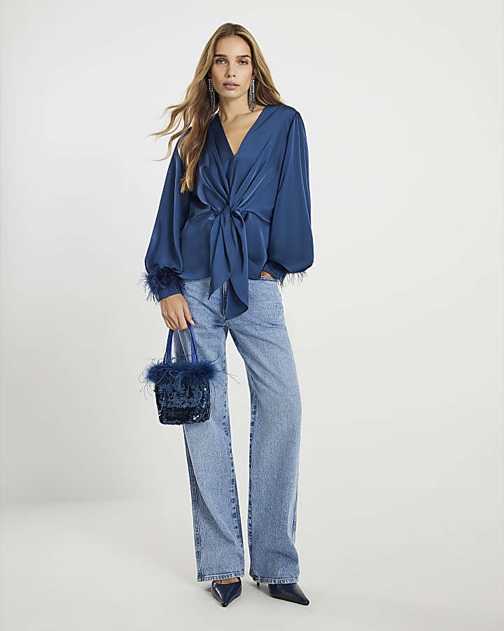 Blue Satin Knot Front Feather Cuff Top