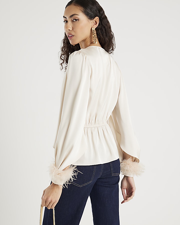 Cream Satin Knot Front Feather Cuff Top
