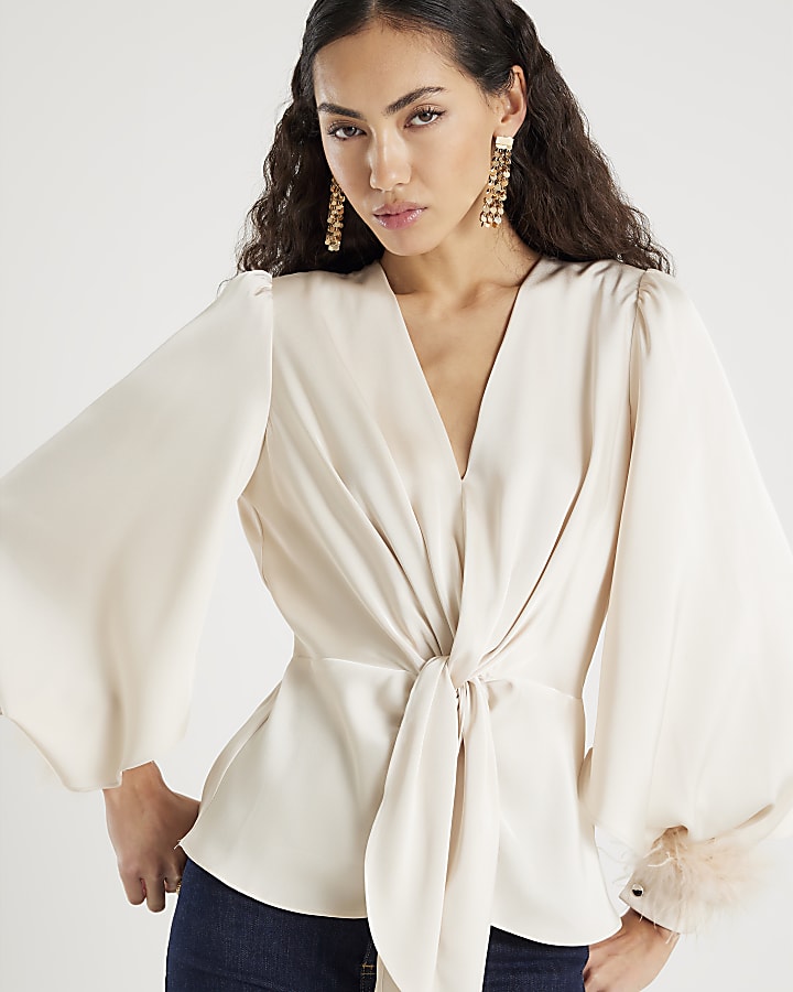 Cream Satin Knot Front Feather Cuff Top