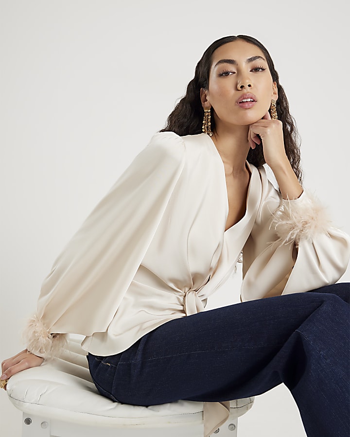 Cream Satin Knot Front Feather Cuff Top
