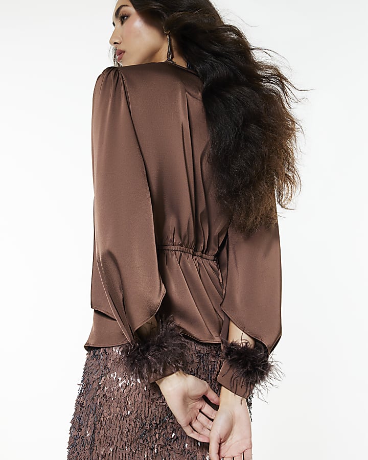 Brown Knot Front Feather Cuff Top