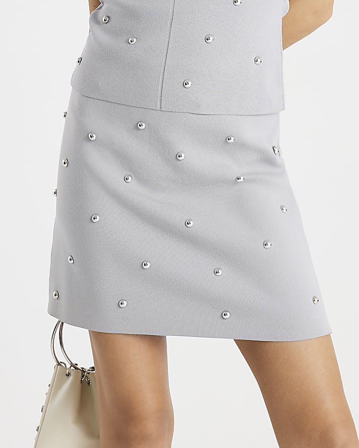 Grey Knit Studded Mini Skirt