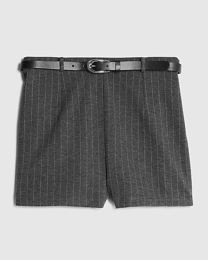 Grey Pinstripe Belted Shorts