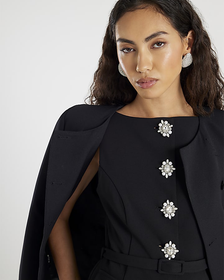 Black Diamante Button Jumpsuit