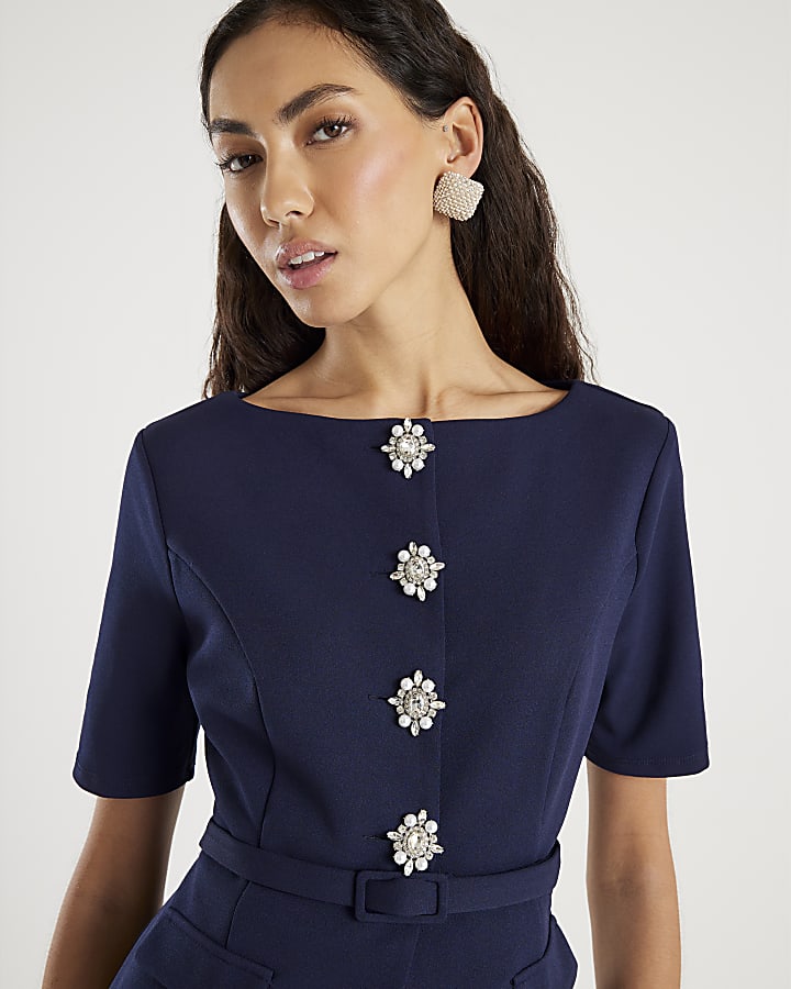 Navy Slash Neck Peplum Playsuit