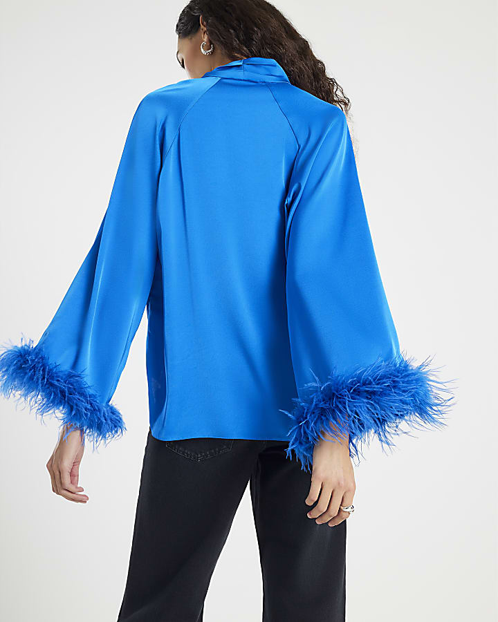 Blue Satin Long Sleeve Feather Blouse