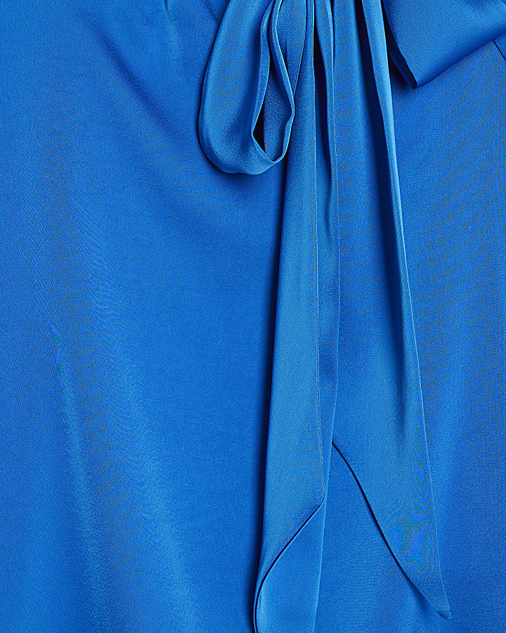 Blue Satin Long Sleeve Feather Blouse