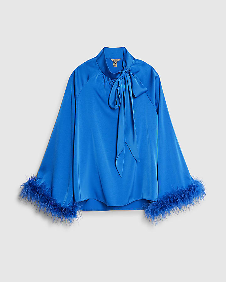 Blue Satin Long Sleeve Feather Blouse