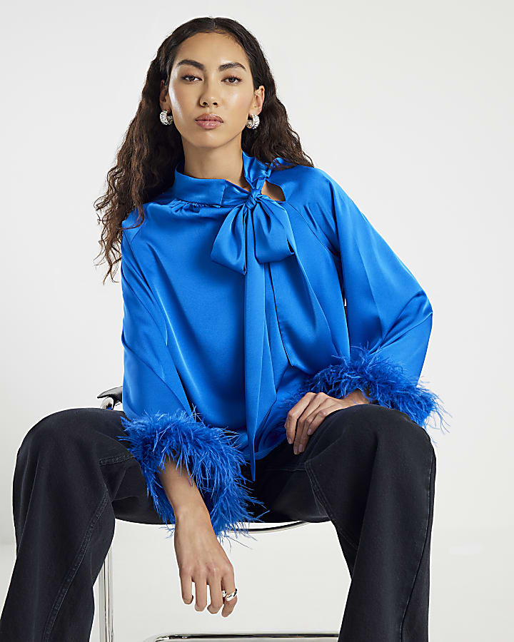 Blue Satin Long Sleeve Feather Blouse
