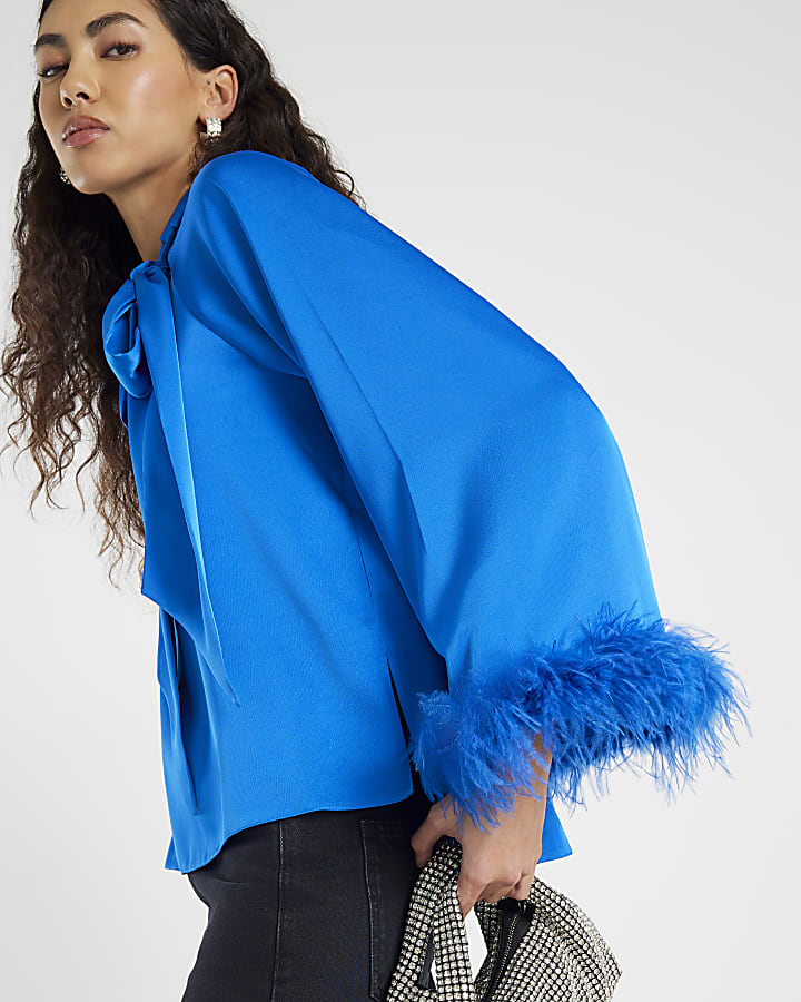 Blue Satin Long Sleeve Feather Blouse