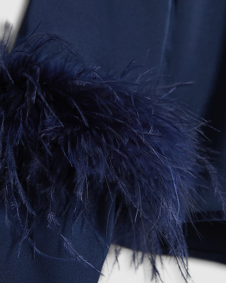 Navy Satin Feather Trim Shirt