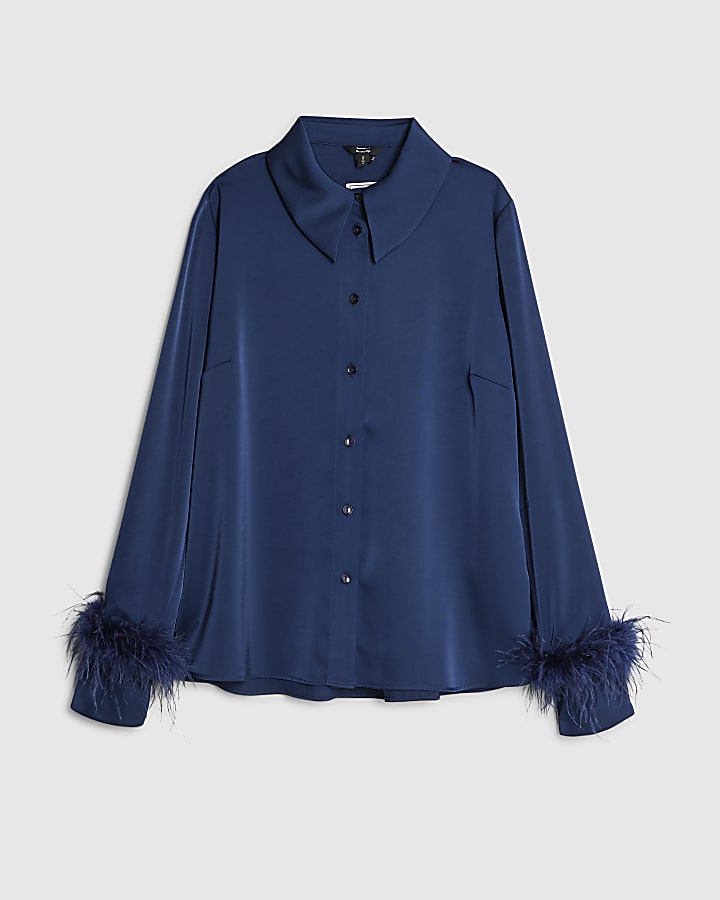 Navy Satin Feather Trim Shirt
