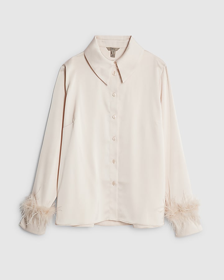 Pink Satin Feather Trim Shirt