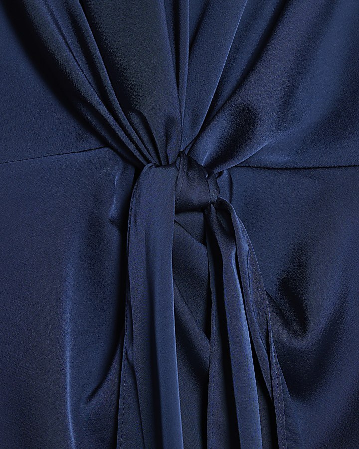 Navy Satin Knot Front Feather Mini Dress