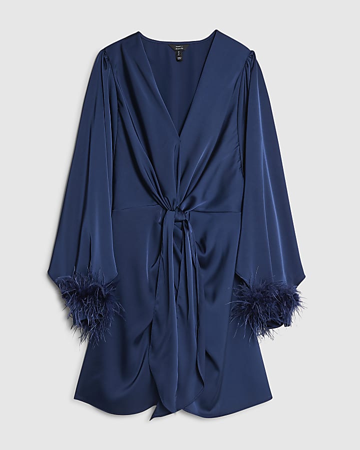 Navy Satin Knot Front Feather Mini Dress
