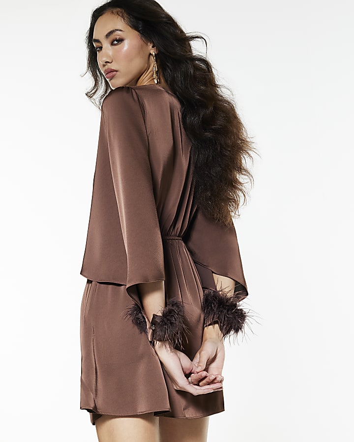 Brown Satin Knot Front Feather Mini Dress