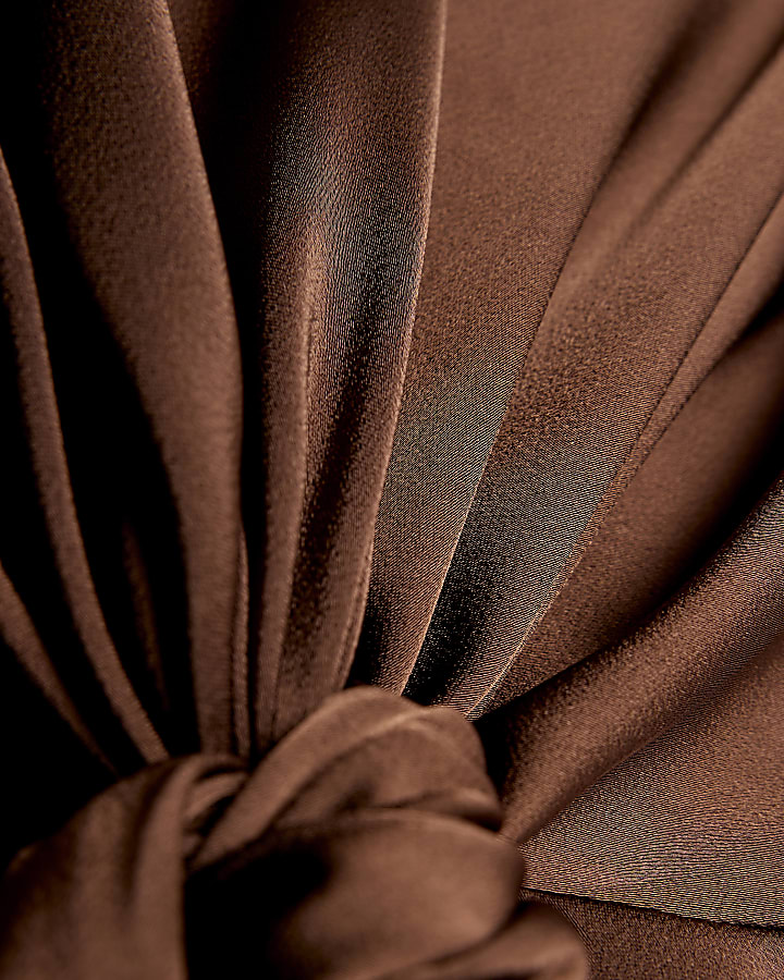 Brown Satin Knot Front Feather Mini Dress